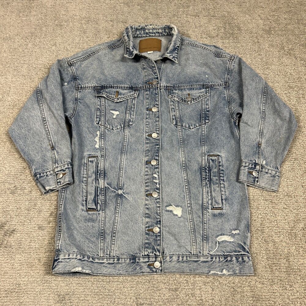 American Eagle Denim Jacket Womens Large Light Wash Distressed Longline Cotton